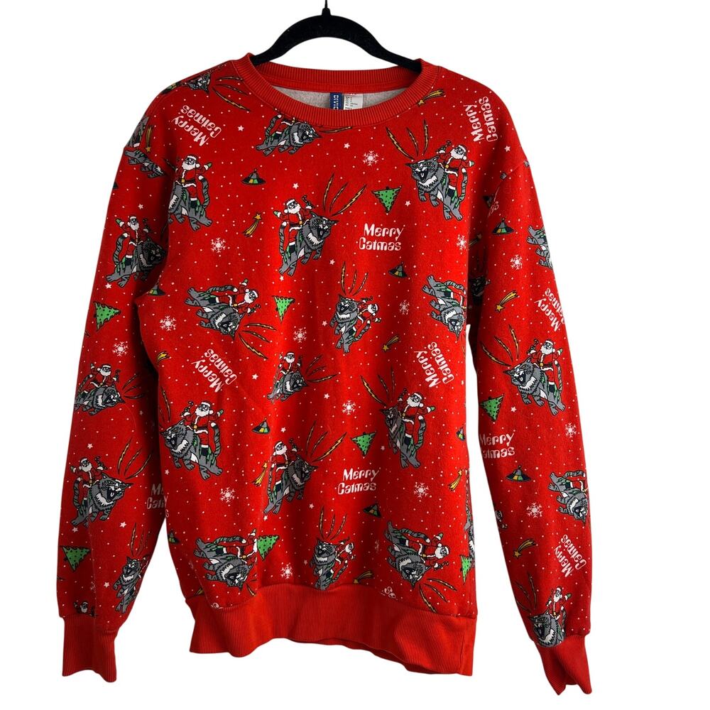 Divided Christmas Sweatshirt Meowy Catmas Unisex Size S Ugly Sweater Party Santa